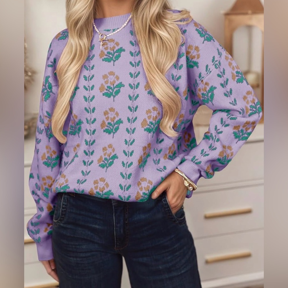 Saodimallsu Womens Long Sleeve Floral Sweaters Fall Crew Neck